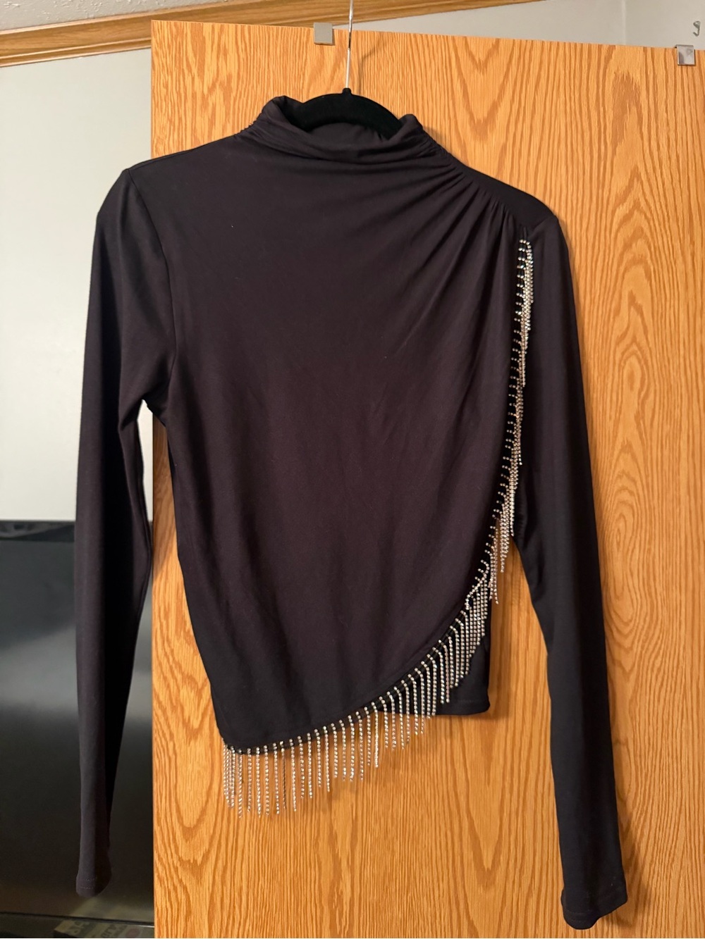 Women’s Medium Western Black Long-Sleeve “Mockneck” Top with Rhinestone Fringe